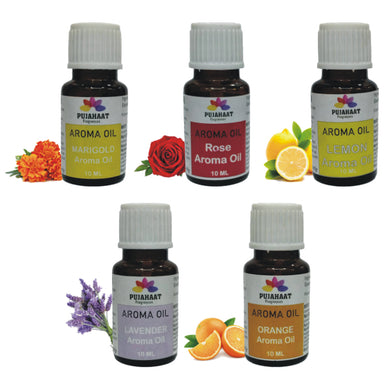Pujahaat Lavender, Marigold (Genda), Orange, Rose, Lemon Aroma Oil for Aromatherapy oils, Oil for diffusers, Humidifier oils, Oil Burners, Spa and Air Purifier 10ml Each - Set of 5 (5 x 10 ml)