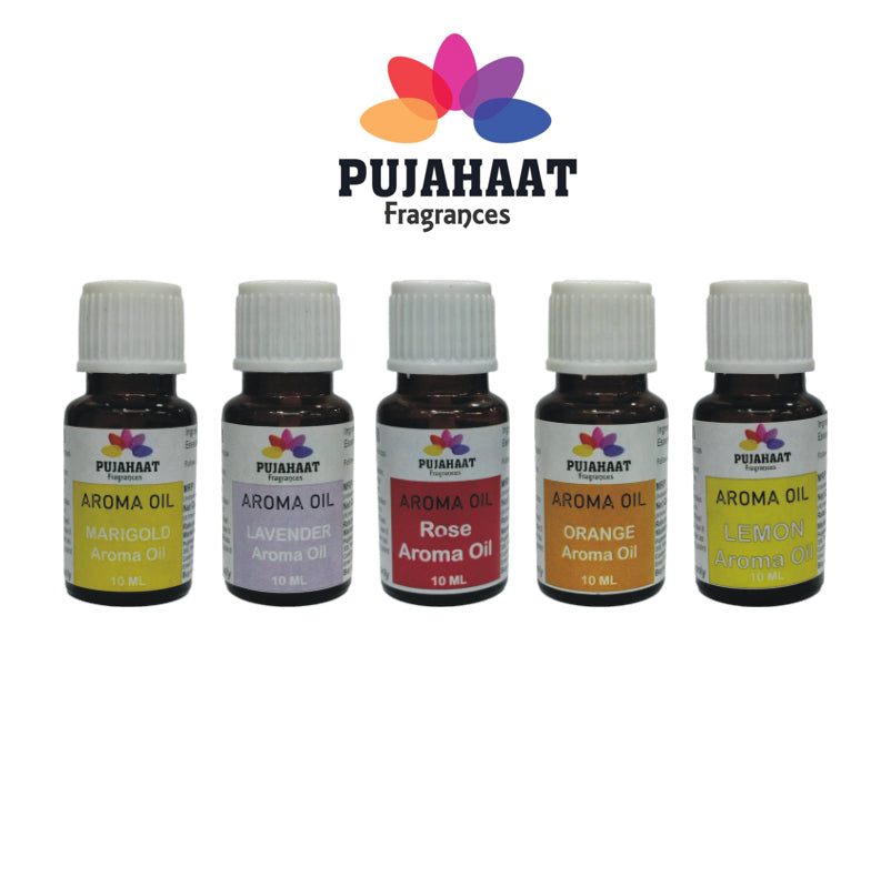 Pujahaat Lavender, Marigold (Genda), Orange, Rose, Lemon Aroma Oil for Aromatherapy oils, Oil for diffusers, Humidifier oils, Oil Burners, Spa and Air Purifier 10ml Each - Set of 5 (5 x 10 ml)