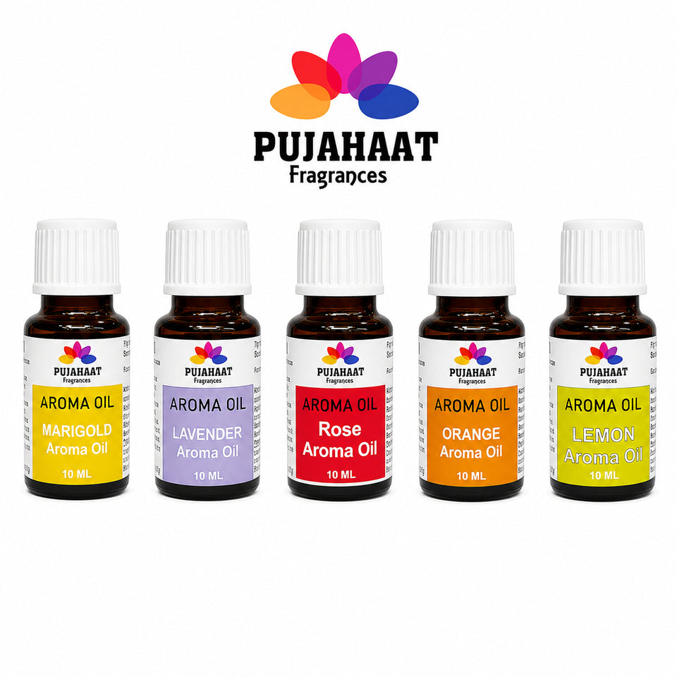 Pujahaat Lavender, Marigold (Genda), Orange, Rose, Lemon Aroma Oil for Aromatherapy oils, Oil for diffusers, Humidifier oils, Oil Burners, Spa and Air Purifier 10ml Each - Set of 5 (5 x 10 ml) AO6