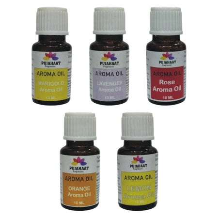 Pujahaat Lavender, Marigold (Genda), Orange, Rose, Lemon Aroma Oil for Aromatherapy oils, Oil for diffusers, Humidifier oils, Oil Burners, Spa and Air Purifier 10ml Each - Set of 5 (5 x 10 ml)