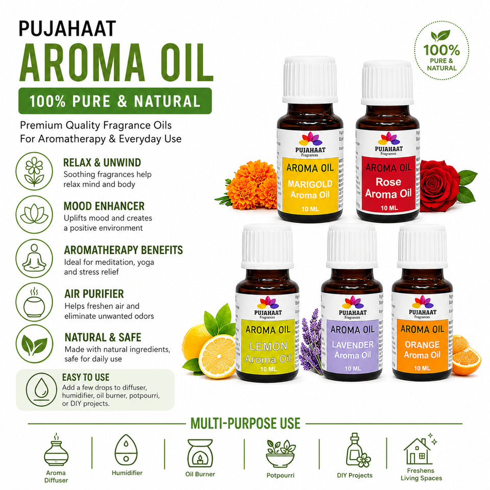 Pujahaat Lavender, Marigold (Genda), Orange, Rose, Lemon Aroma Oil for Aromatherapy oils, Oil for diffusers, Humidifier oils, Oil Burners, Spa and Air Purifier 10ml Each - Set of 5 (5 x 10 ml) AO6