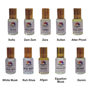 Pujahaat Premium Alcohol-Free Attars (Pack Of 10) Attar Gift Combo - Sufia, Zara, Zamzam, Sultan, Afgan, Ruh Kus, Egyptian Musk, Attar phool, White Musk, Denim (In Roll on Bottle) 30 ml (10 x 3ml) Combo-6