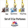 Pujahaat Car Perfume 3 pcs Combo Hanging Pod 10ml Premium Fragrance | High Diffusion with Premium Fragrance Oils with Wooden Diffuser Lid | Long Lasting | Lasts Up to 45 Days - Oudh, Aqua Breeze, Ylang Ylang