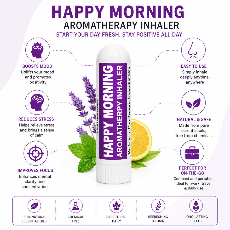 Pujahaat Natural Essential oil based Aromatherapy Nasal Inhaler Stick HAPPY MORNING, Made with 100% natural, therapeutic grade essential oils - Set of 2