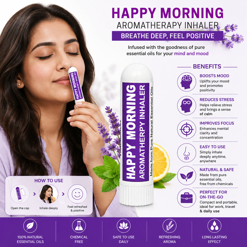 Pujahaat Natural Essential oil based Aromatherapy Nasal Inhaler Stick HAPPY MORNING, Made with 100% natural, therapeutic grade essential oils - Set of 2