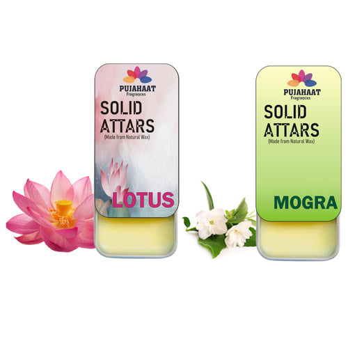 Pujahaat Lotus | Mogra Combo Premium Fragrance | Solid Attar for Men & Women | Alcohol Free | Strong lasting fragrance - Lotus, Mogra