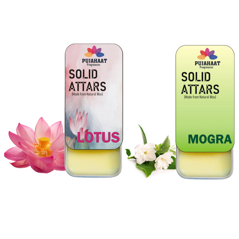 Pujahaat Lotus | Mogra Combo Premium Fragrance | Solid Attar for Men & Women | Alcohol Free | Strong lasting fragrance - Lotus, Mogra
