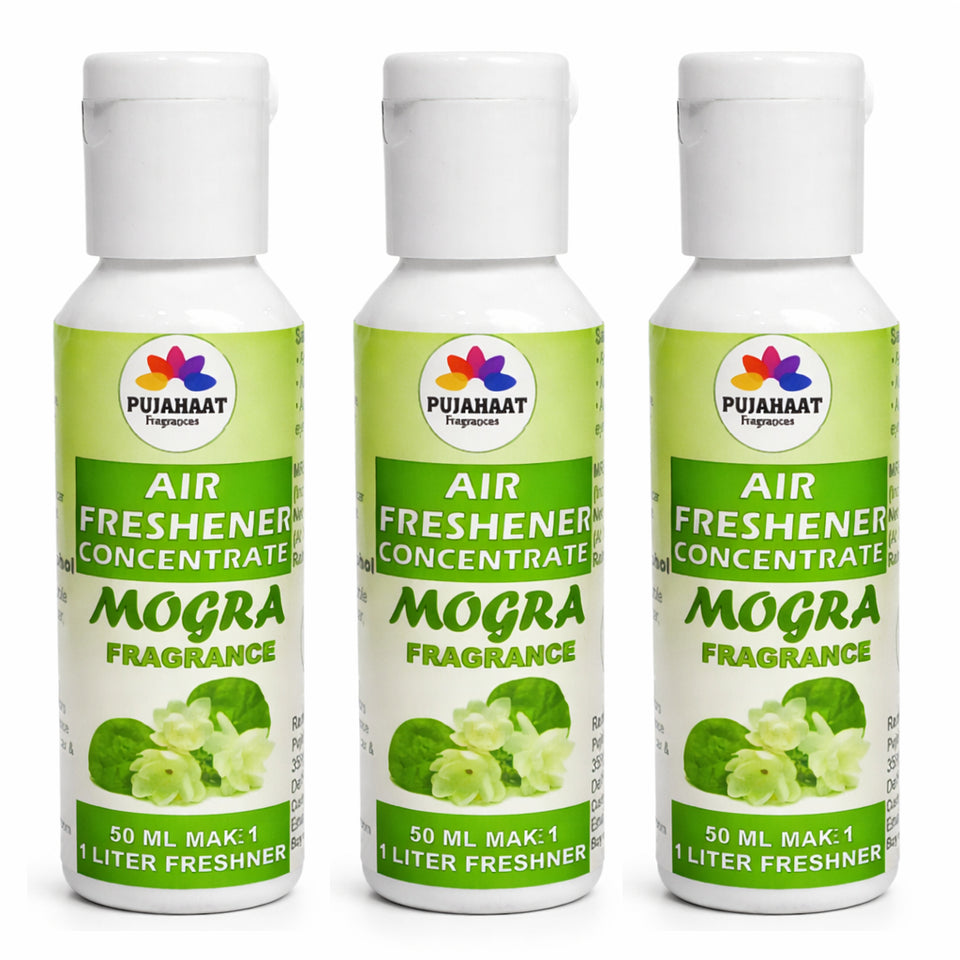 Pujahaat Air Freshener Concentrate Set of 3 (50ml Each) Makes 1 Liter Each | Long Lasting Room Freshener Liquid | Fragrance Combo for Home, Office, Car | Alcohol-Free Premium Fragrance - Mogra