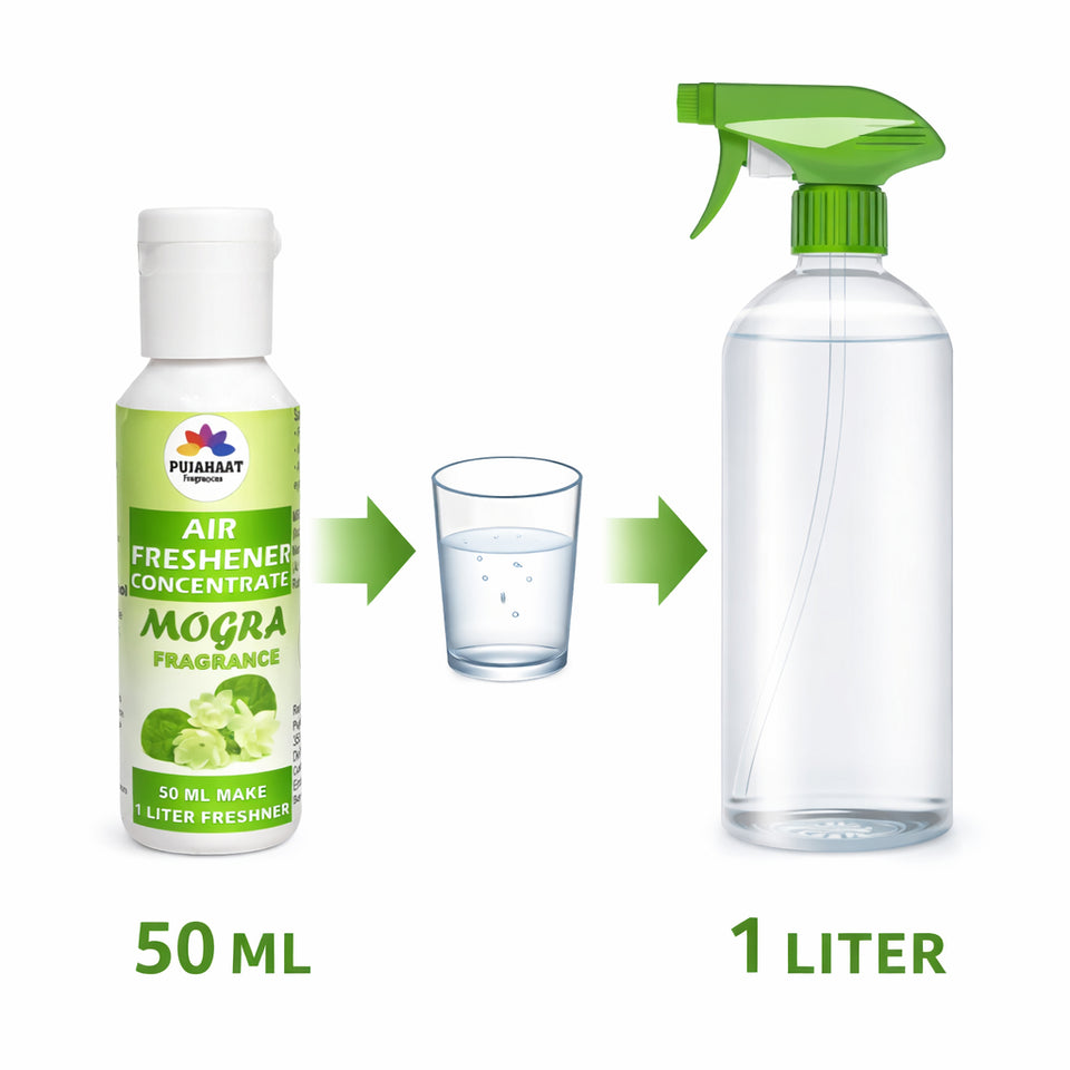 Pujahaat Air Freshener Concentrate Set of 3 (50ml Each) Makes 1 Liter Each | Long Lasting Room Freshener Liquid | Fragrance Combo for Home, Office, Car | Alcohol-Free Premium Fragrance - Mogra