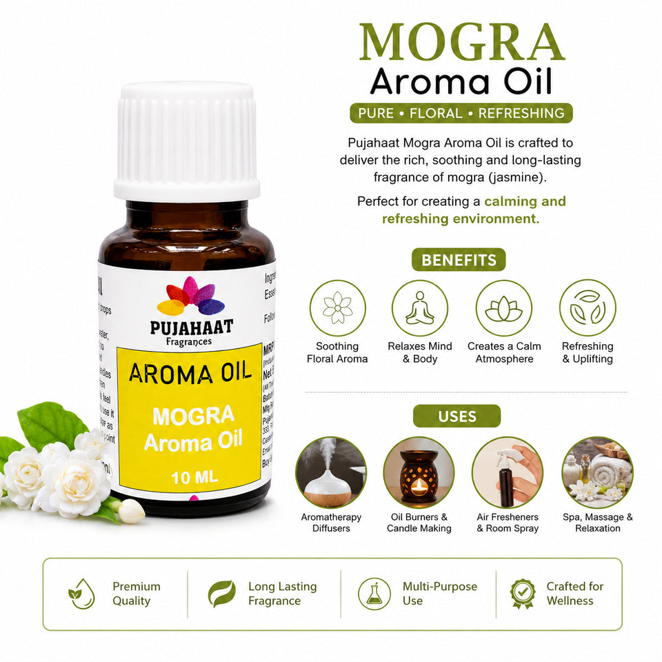 Pujahaat Mogra Aroma Oil for Aromatherapy oils, Oil for diffusers, Humidifier oils, Oil Burners, Spa and Air Purifier 10ml Each, Mogra - Set of 2 (2 x 10 ml)