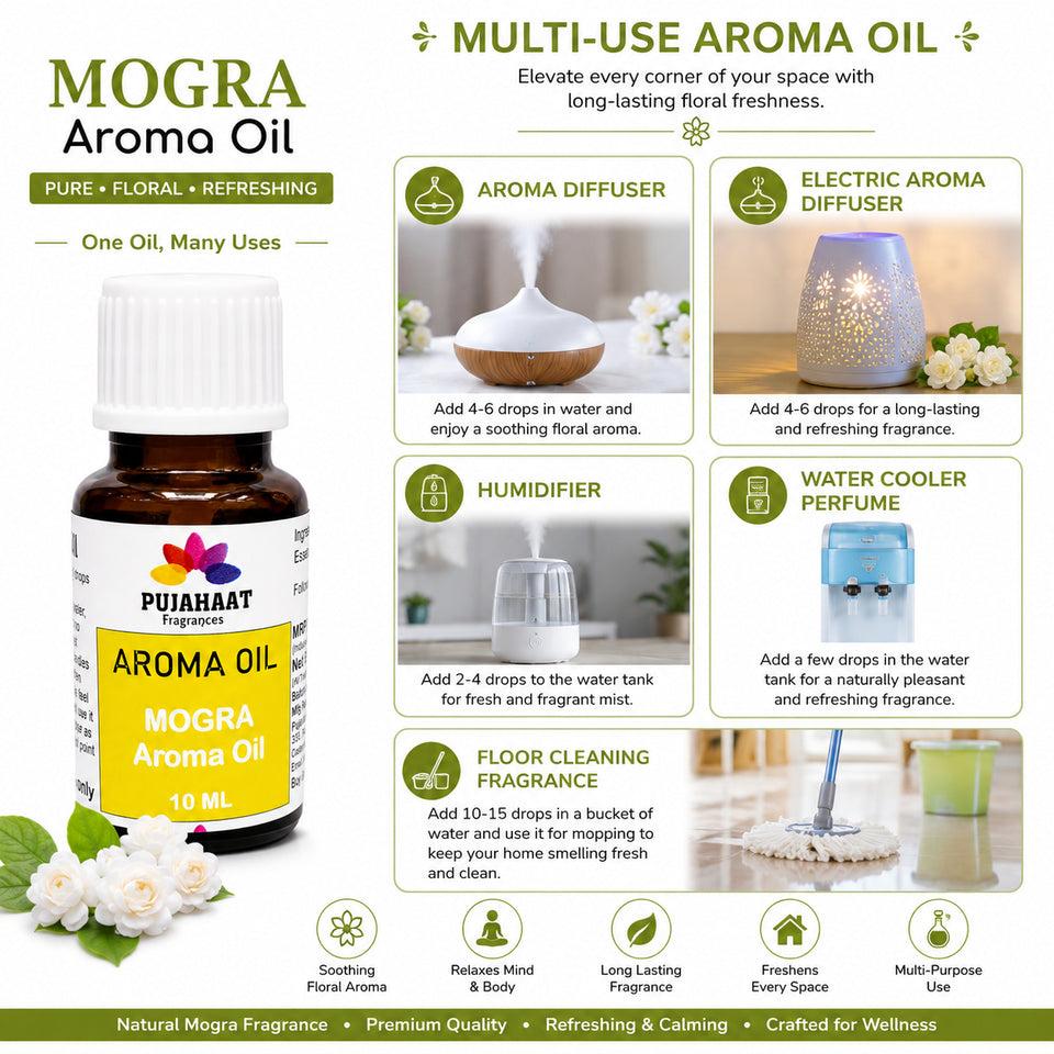 Pujahaat Mogra Aroma Oil for Aromatherapy oils, Oil for diffusers, Humidifier oils, Oil Burners, Spa and Air Purifier 10ml Each, Mogra - Set of 2 (2 x 10 ml)