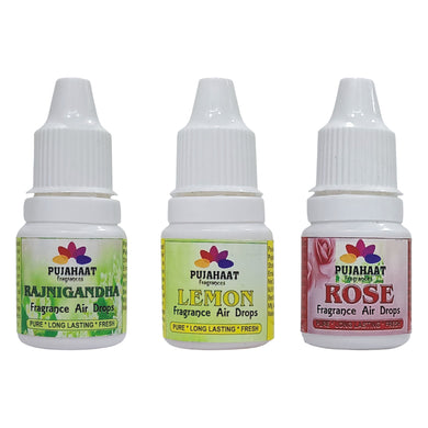 Pujahaat Premium Rajnigandha, Rose, Lemon Fragrance Air drops Air freshener for room, bathroom, toilet, car, wardrobes -Pack of 3 (3 x 5ml)