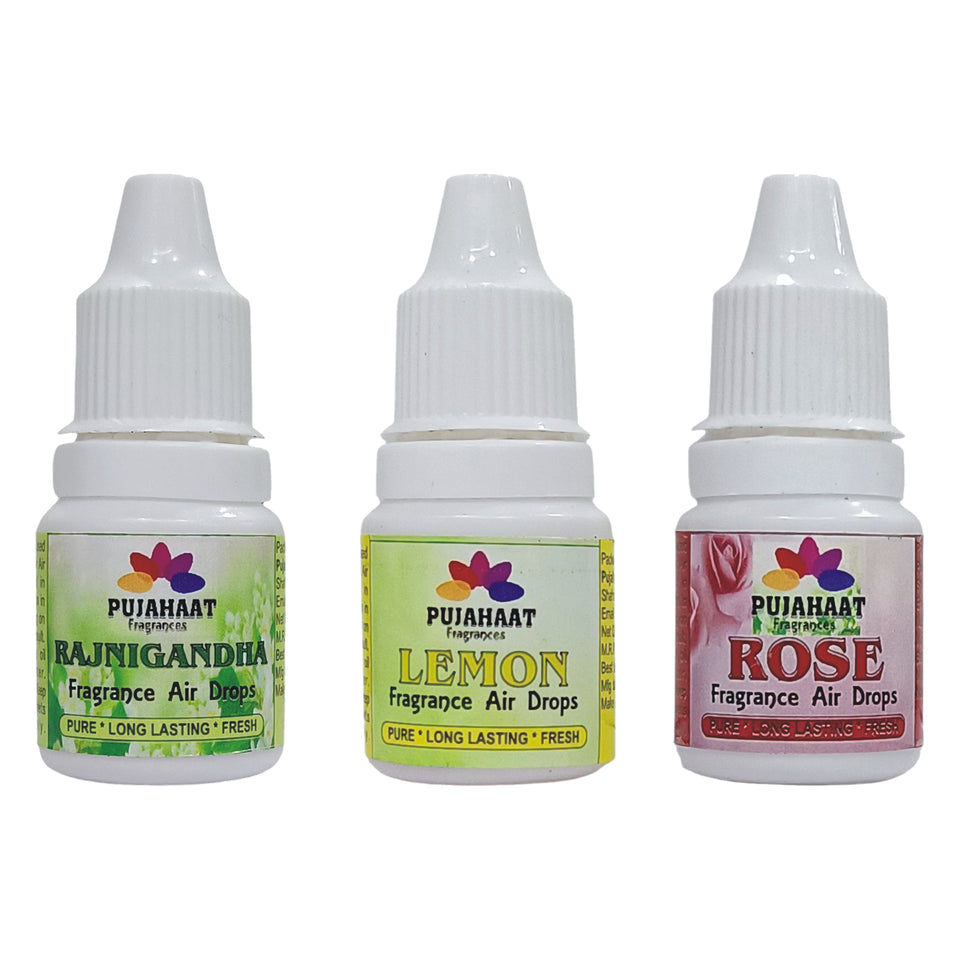 Pujahaat Premium Rajnigandha, Rose, Lemon Fragrance Air drops Air freshener for room, bathroom, toilet, car, wardrobes -Pack of 3 (3 x 5ml)