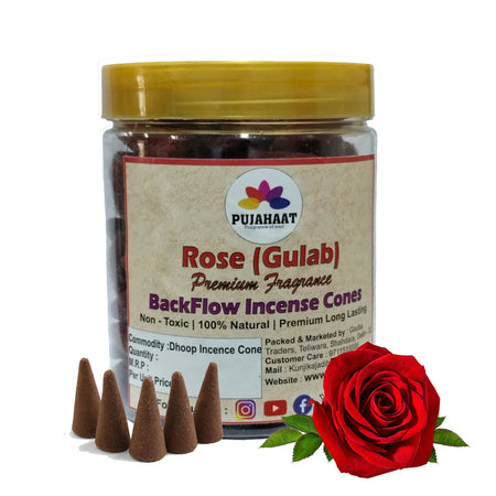 Rose / Gulab Fragrance Premium Backflow Incense Dhoop Cone by Pujahaat | Scented Back Flow Smoke Cones | for Pooja, Rituals & Special Occassions, Smoke Fountain - 200 Gms