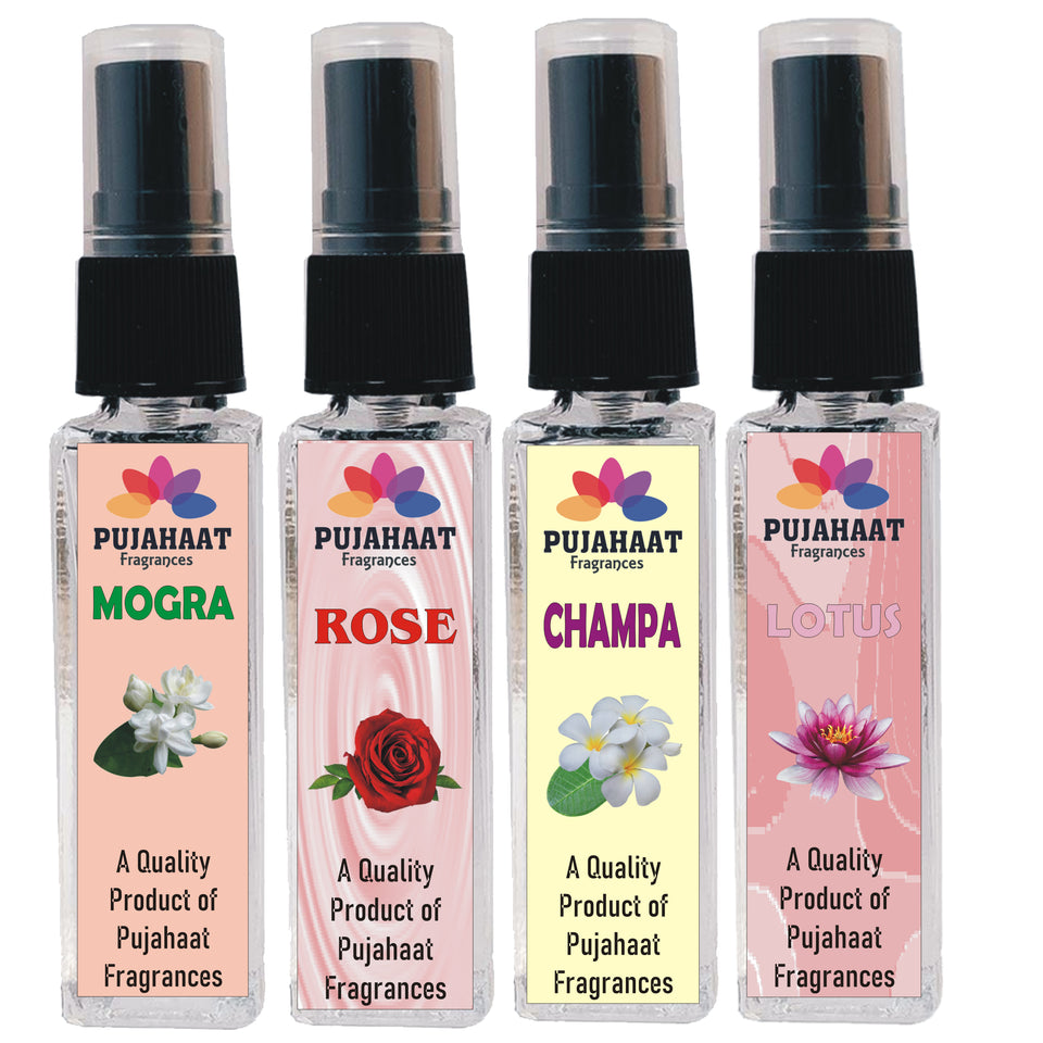 Pujahaat Set of 4 Perfume Attar Spray 8ml | itra/ittar Perfume | For Pooja/Personal Use Mogra, Rose, Champa, Lotus