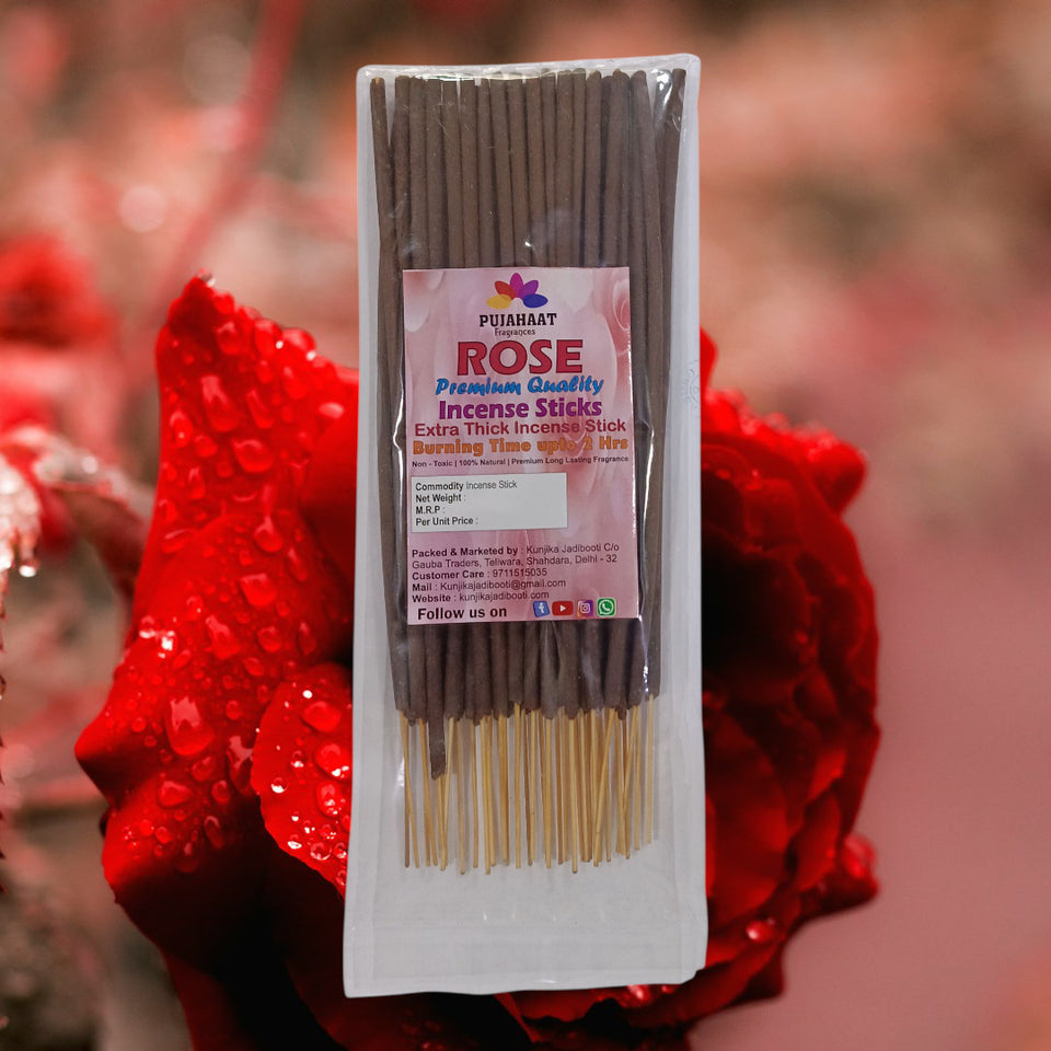 Pujahaat Premium Scented Incense Stick Agarbatti | No Charcoal Incense Sticks, 100 minutes burning time, 0% Sulphates Fragrance - Rose Fragrance