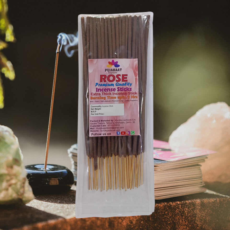 Pujahaat Premium Scented Incense Stick Agarbatti | No Charcoal Incense Sticks, 100 minutes burning time, 0% Sulphates Fragrance - Rose Fragrance