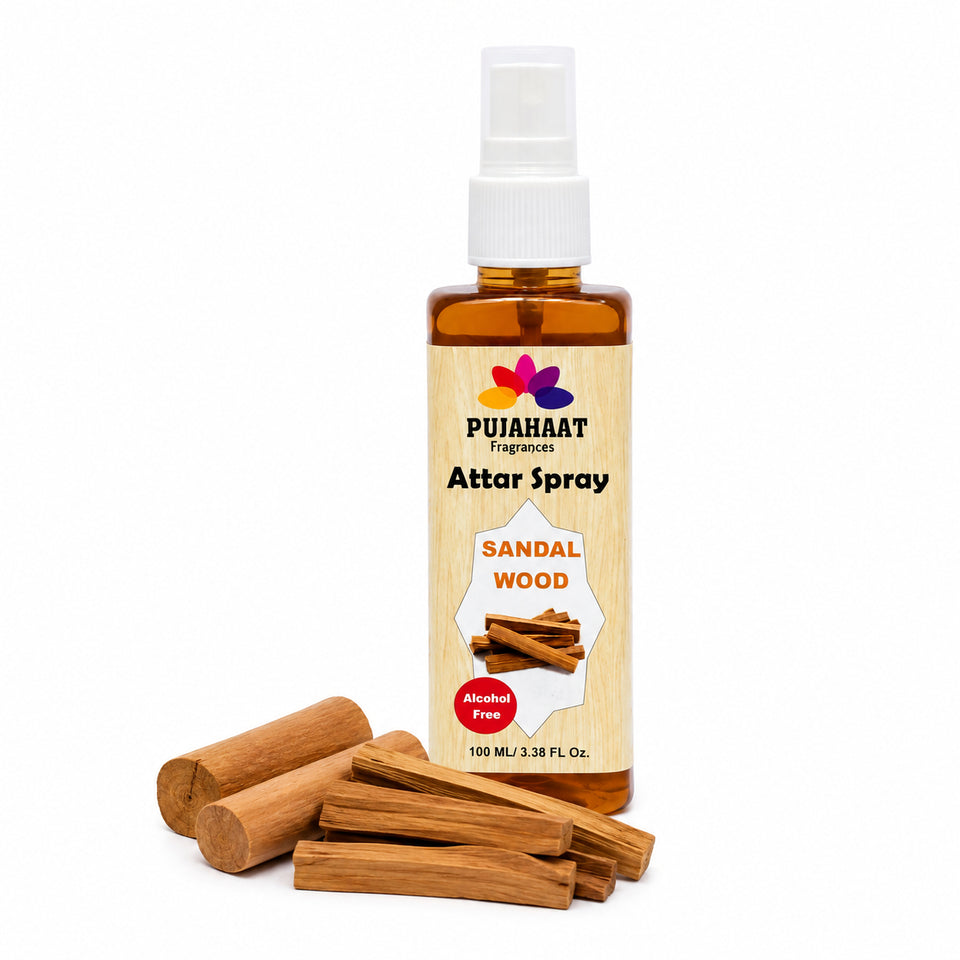 Sandalwood Attar Spray by Pujahaat | 100ml Non Alcoholic Spray | Religious Mist | Air Freshener, Room Mist, Fabric & Linen Spray | Perfect for Prayers Rooms, Living Room, sofas, curtains, car