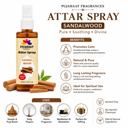 Sandalwood Attar Spray by Pujahaat | 100ml Non Alcoholic Spray | Religious Mist | Air Freshener, Room Mist, Fabric & Linen Spray | Perfect for Prayers Rooms, Living Room, sofas, curtains, car