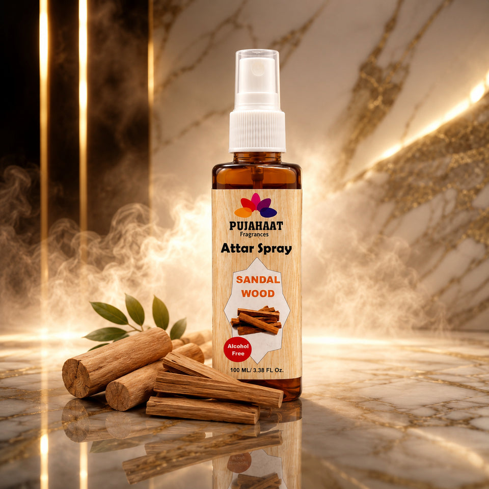 Sandalwood Attar Spray by Pujahaat | 100ml Non Alcoholic Spray | Religious Mist | Air Freshener, Room Mist, Fabric & Linen Spray | Perfect for Prayers Rooms, Living Room, sofas, curtains, car