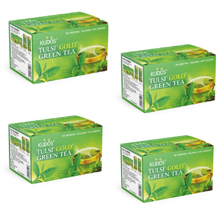 Kudos Ayurveda TULSI GOLD GREEN TEA (2G*25 BAG) Lemon Grass, Ginger Green Tea Bags Box (25 Bags) Pack Of 4