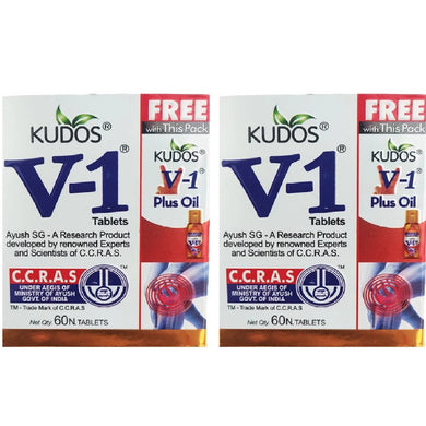 Kudos V-1 Tablets (60 Tablets) With V-1 Plus Oil and V-1 Jointment Indside the Pack | Relief from Complications due to Joint Pain Pack Of 2