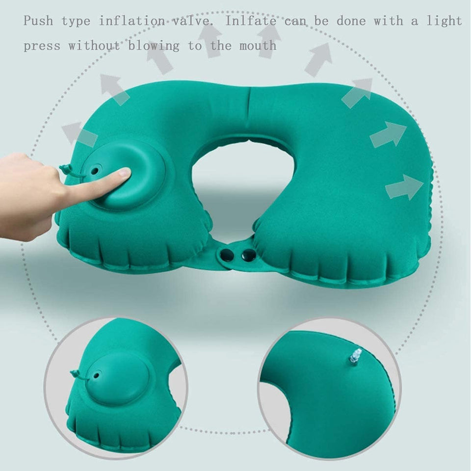 Inflatable Travel Neck Pillow Air Pump Comfortable U-Shape Headrest Support with Compression Bag for Office Train Car Airplane Sleep Cushion