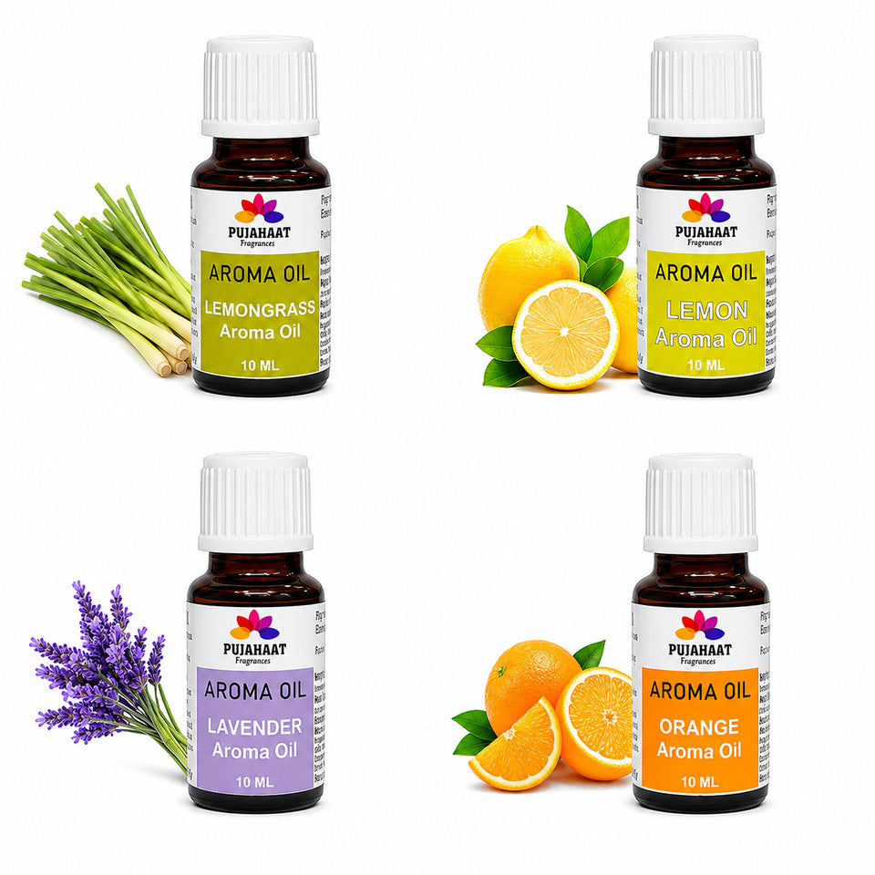 Pujahaat Lavender, Lemongrass, Orange, Lemon Aroma Oil for Aromatherapy oils, Oil for diffusers, Humidifier oils, Oil Burners, Spa and Air Purifier 10ml Each - Set of 4 (4 x 10 ml) AO7