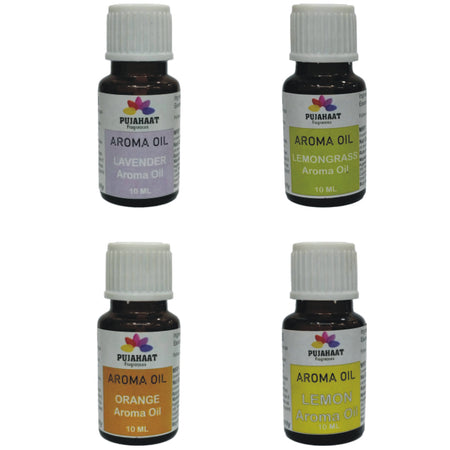 Pujahaat Lavender, Lemongrass, Orange, Lemon Aroma Oil for Aromatherapy oils, Oil for diffusers, Humidifier oils, Oil Burners, Spa and Air Purifier 10ml Each - Set of 4 (4 x 10 ml)