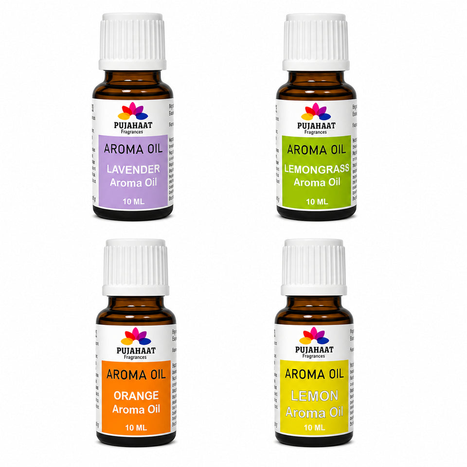 Pujahaat Lavender, Lemongrass, Orange, Lemon Aroma Oil for Aromatherapy oils, Oil for diffusers, Humidifier oils, Oil Burners, Spa and Air Purifier 10ml Each - Set of 4 (4 x 10 ml) AO7