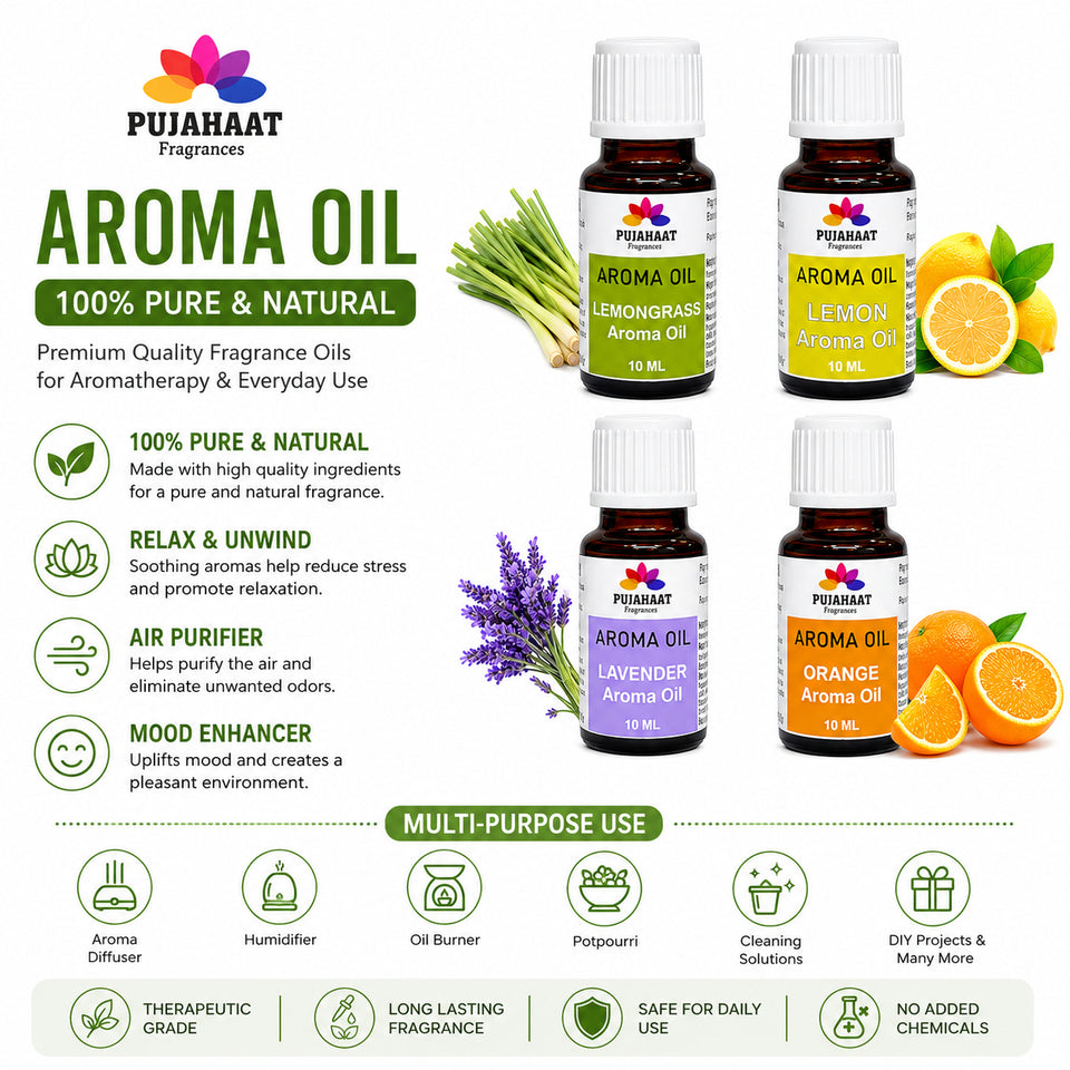 Pujahaat Lavender, Lemongrass, Orange, Lemon Aroma Oil for Aromatherapy oils, Oil for diffusers, Humidifier oils, Oil Burners, Spa and Air Purifier 10ml Each - Set of 4 (4 x 10 ml) AO7