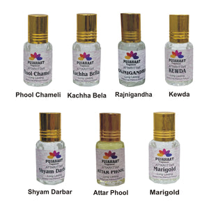 Pujahaat Premium Alcohol-Free Attar Gift Pack Of 7 Floral Attar Combo Ittar Perfume Shyam Darbar, Attar Phool, Kachha Bela, Marigold, Kewda, Chameli, Rajnigandha (In Roll on Bottle) 21 ml (7 x 3ml) Combo-7