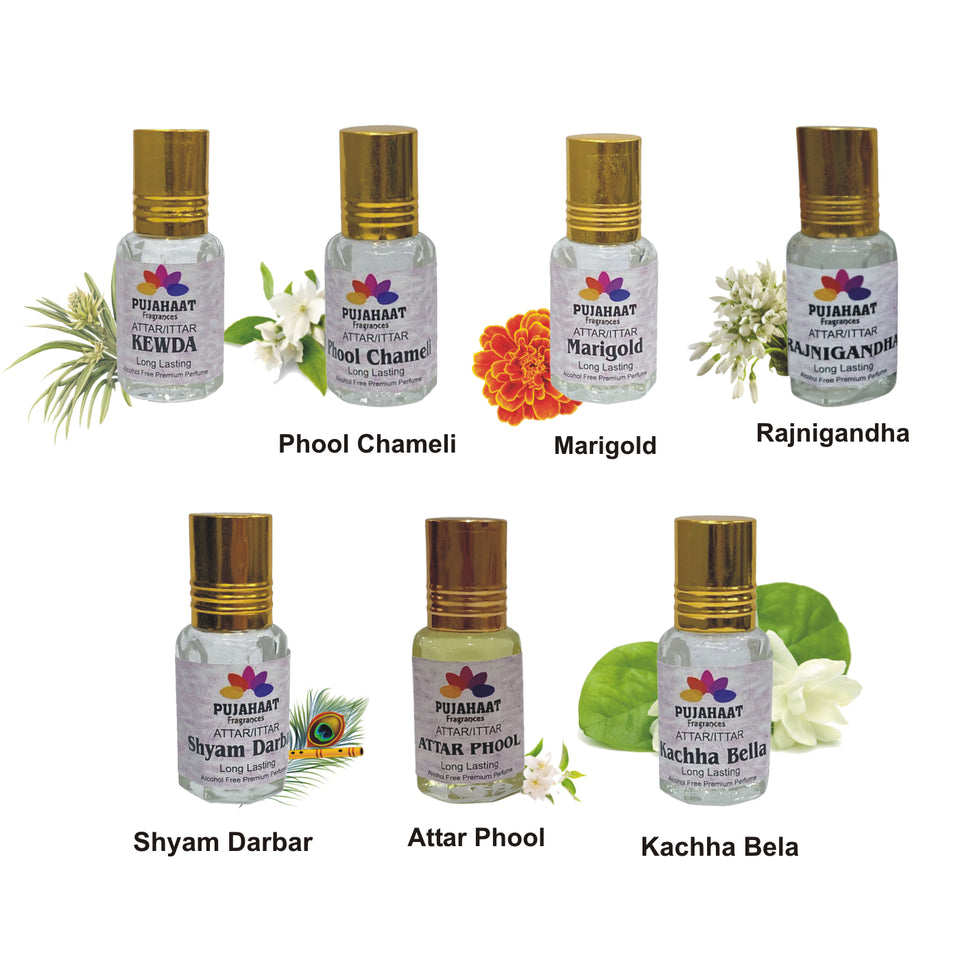 Pujahaat Premium Alcohol-Free Attar Gift Pack Of 7 Floral Attar Combo Ittar Perfume Shyam Darbar, Attar Phool, Kachha Bela, Marigold, Kewda, Chameli, Rajnigandha (In Roll on Bottle) 21 ml (7 x 3ml) Combo-7