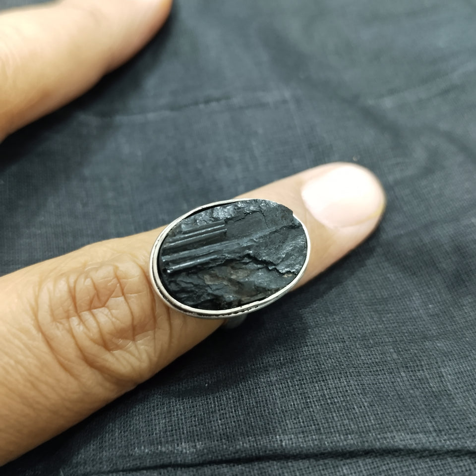 Natural Black Tourmaline Crystal Free Size Raw Rough Uneven cut Crystal Ring For Men And Women