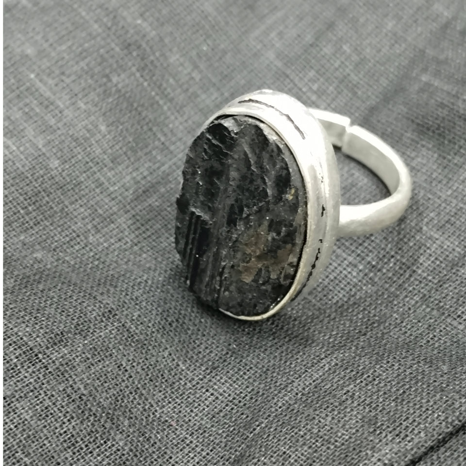 Natural Black Tourmaline Crystal Free Size Raw Rough Uneven cut Crystal Ring For Men And Women
