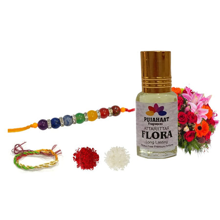 Pujahaat Raksha Bandhan Combo - Flora Attar ( Alcohol-Free) 6ml & 7 Chakra Crystal Beads 8mm Rakhi
