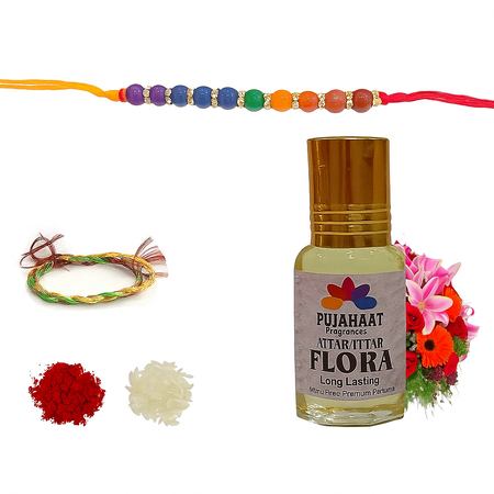 Pujahaat Raksha Bandhan Combo - Flora Attar ( Alcohol-Free) 6ml & 7 Chakra Crystal Beads 8mm Rakhi