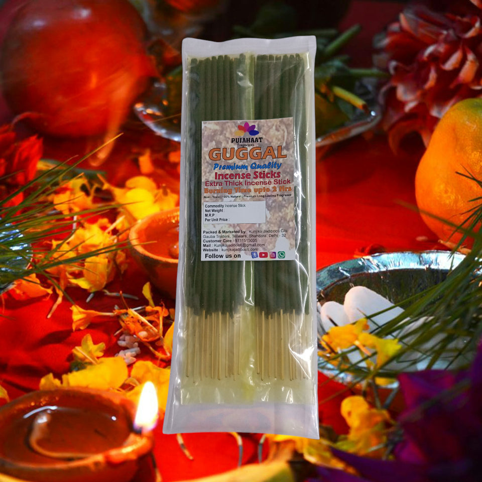 Pujahaat Premium Scented Incense Stick Agarbatti | No Charcoal Incense Sticks, 100 minutes burning time, 0% Sulphates Fragrance - Guggal Fragrance