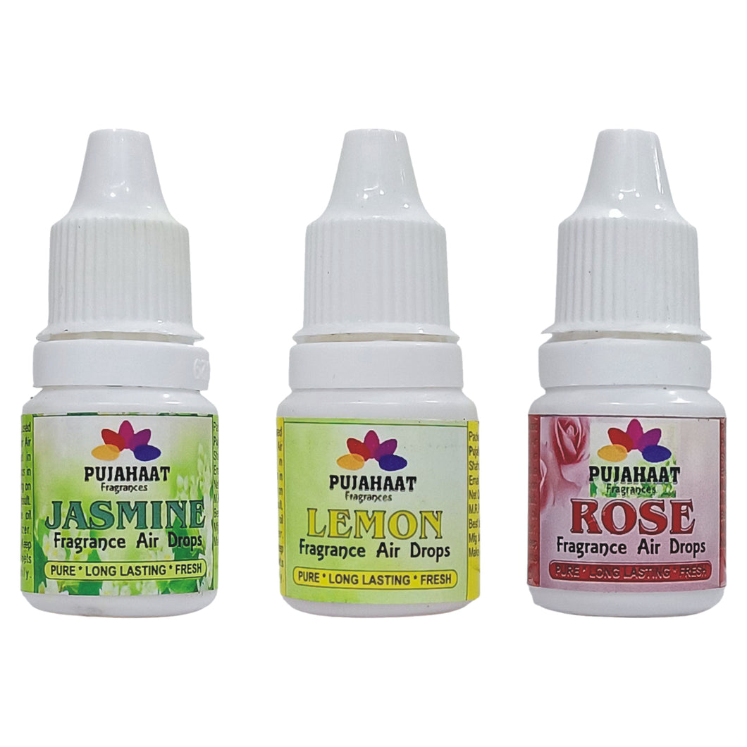 Pujahaat Premium Jasmine, Rose, Lemon Fragrance Air drops Air freshener for room, bathroom, toilet, car, wardrobes -Pack of 3 (3 x 5ml)