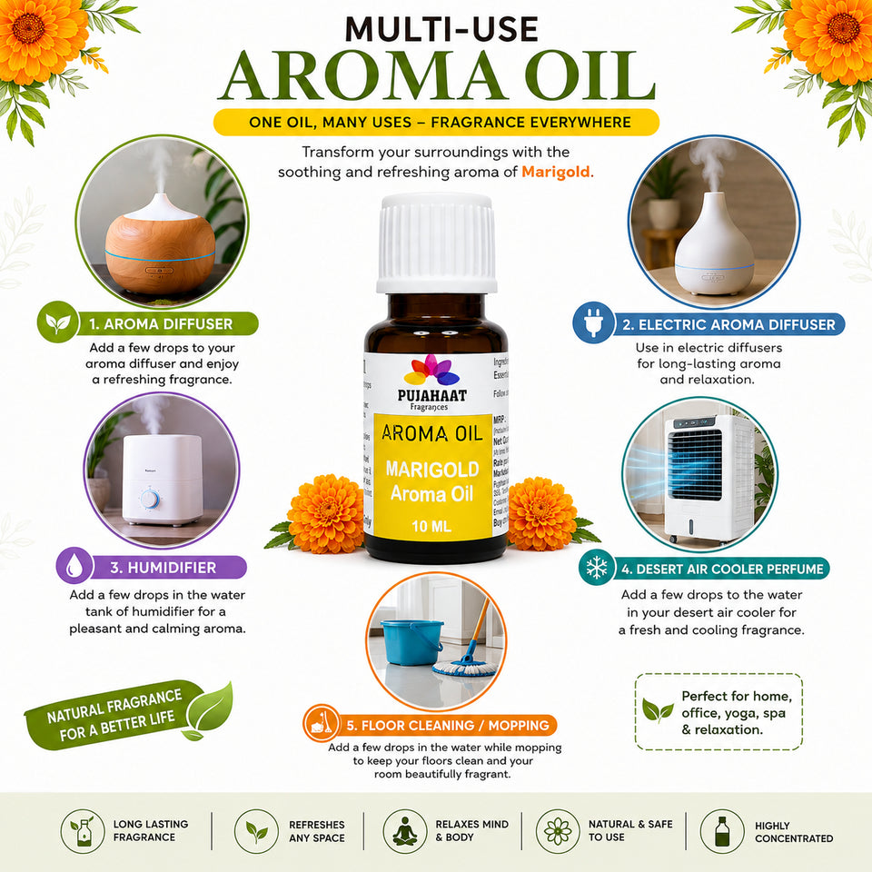 Pujahaat Marigold (Genda) Aroma Oil for Aromatherapy oils, Oil for diffusers, Humidifier oils, Oil Burners, Spa and Air Purifier 10ml Each, Marigold - Set of 2 (2 x 10 ml)