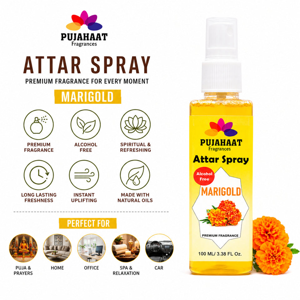 Marigold Flower (Genda) Attar Spray by Pujahaat | 100ml Non Alcoholic Spray | Religious Mist | Air Freshener, Room Mist, Fabric & Linen Spray | Perfect for Prayers Rooms, Living Room, sofas, curtains, car