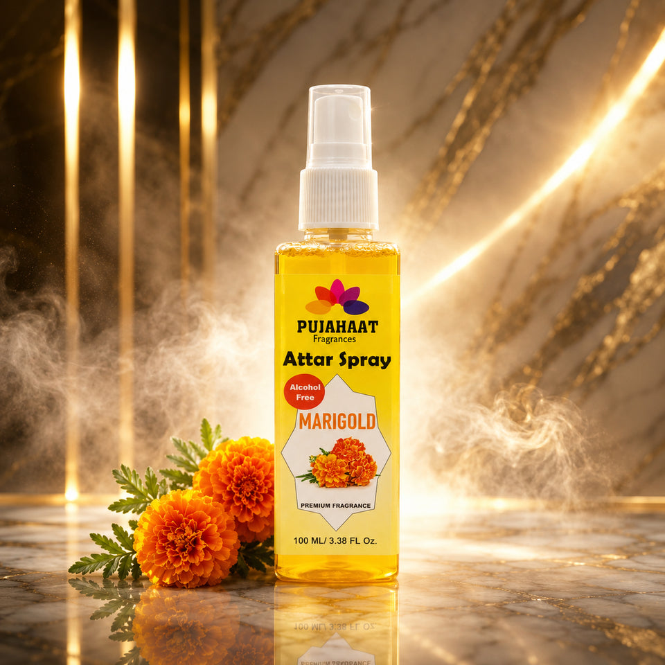 Marigold Flower (Genda) Attar Spray by Pujahaat | 100ml Non Alcoholic Spray | Religious Mist | Air Freshener, Room Mist, Fabric & Linen Spray | Perfect for Prayers Rooms, Living Room, sofas, curtains, car