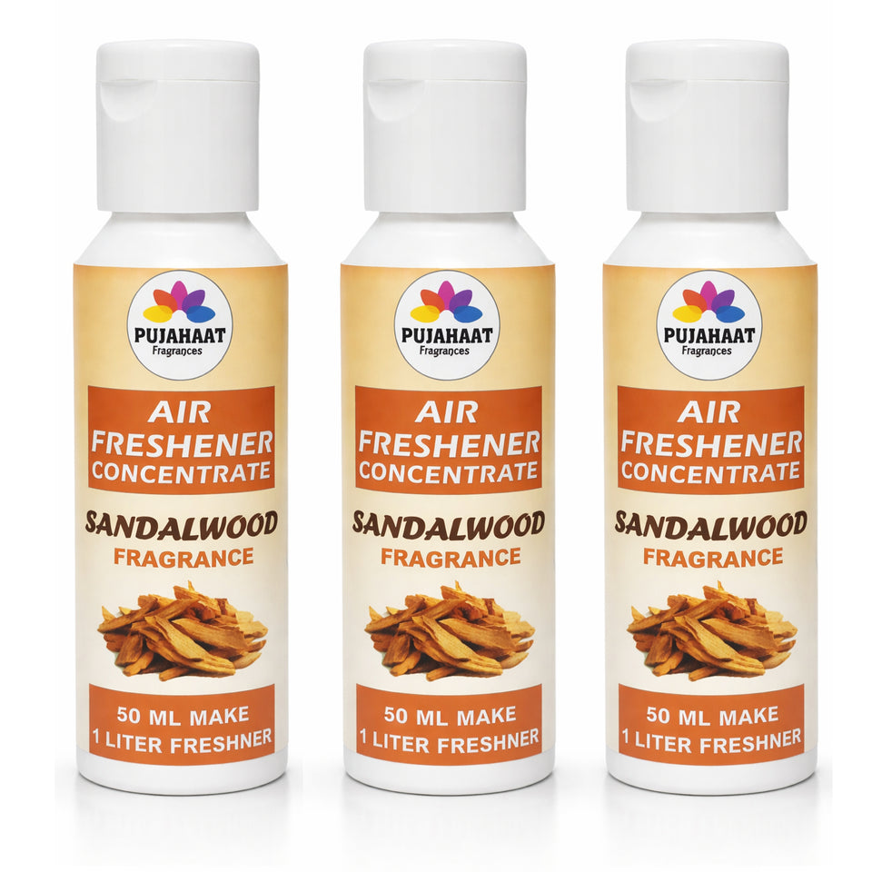 Pujahaat Air Freshener Concentrate Set of 3 (50ml Each) Makes 1 Liter Each | Long Lasting Room Freshener Liquid | Fragrance Combo for Home, Office, Car | Alcohol-Free Premium Fragrance - Sandalwood