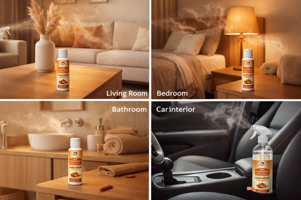 Pujahaat Air Freshener Concentrate Set of 3 (50ml Each) Makes 1 Liter Each | Long Lasting Room Freshener Liquid | Fragrance Combo for Home, Office, Car | Alcohol-Free Premium Fragrance - Sandalwood
