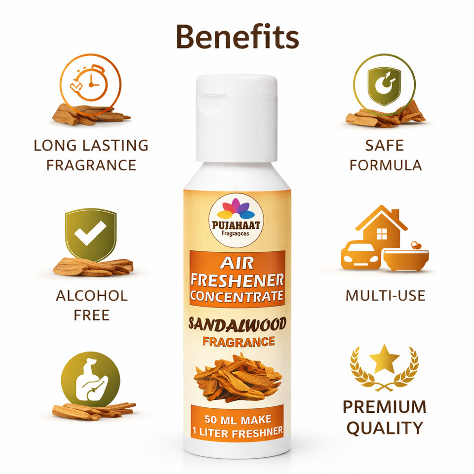 Pujahaat Air Freshener Concentrate Set of 3 (50ml Each) Makes 1 Liter Each | Long Lasting Room Freshener Liquid | Fragrance Combo for Home, Office, Car | Alcohol-Free Premium Fragrance - Sandalwood