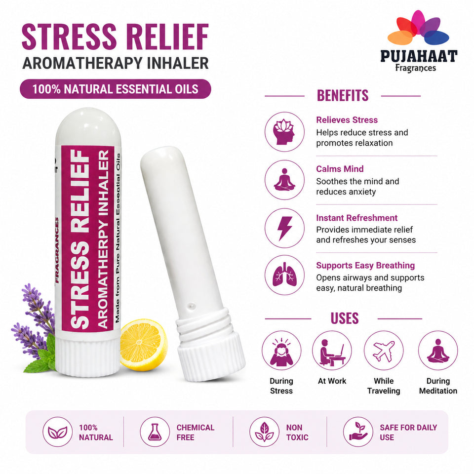 Pujahaat Natural Essential oil based Aromatherapy Nasal Inhaler Stick STRESS RELIEF, Made with 100% natural, therapeutic grade essential oils - Set of 2