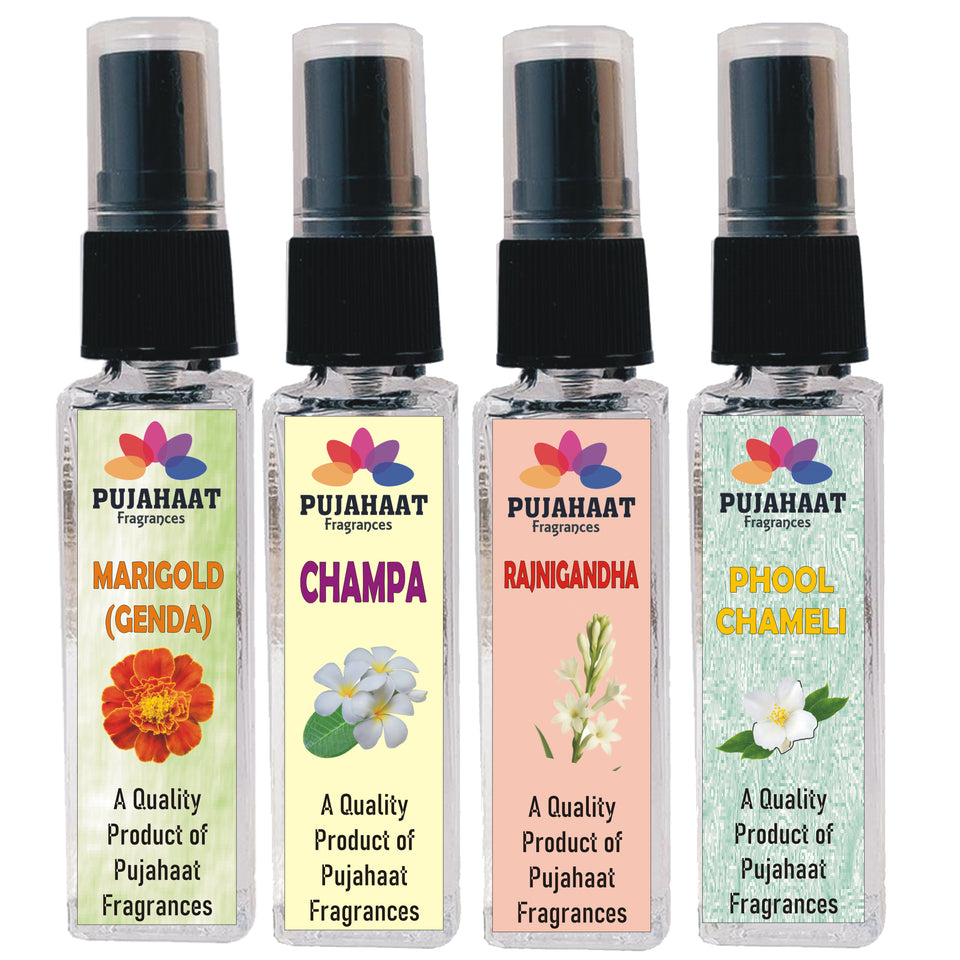 Pujahaat Marigold, Champa, Rajnigandha, Phool Chameli Set of 4 Perfume Attar Spray 8ml | itra/ittar Perfume | For Pooja/Personal Use