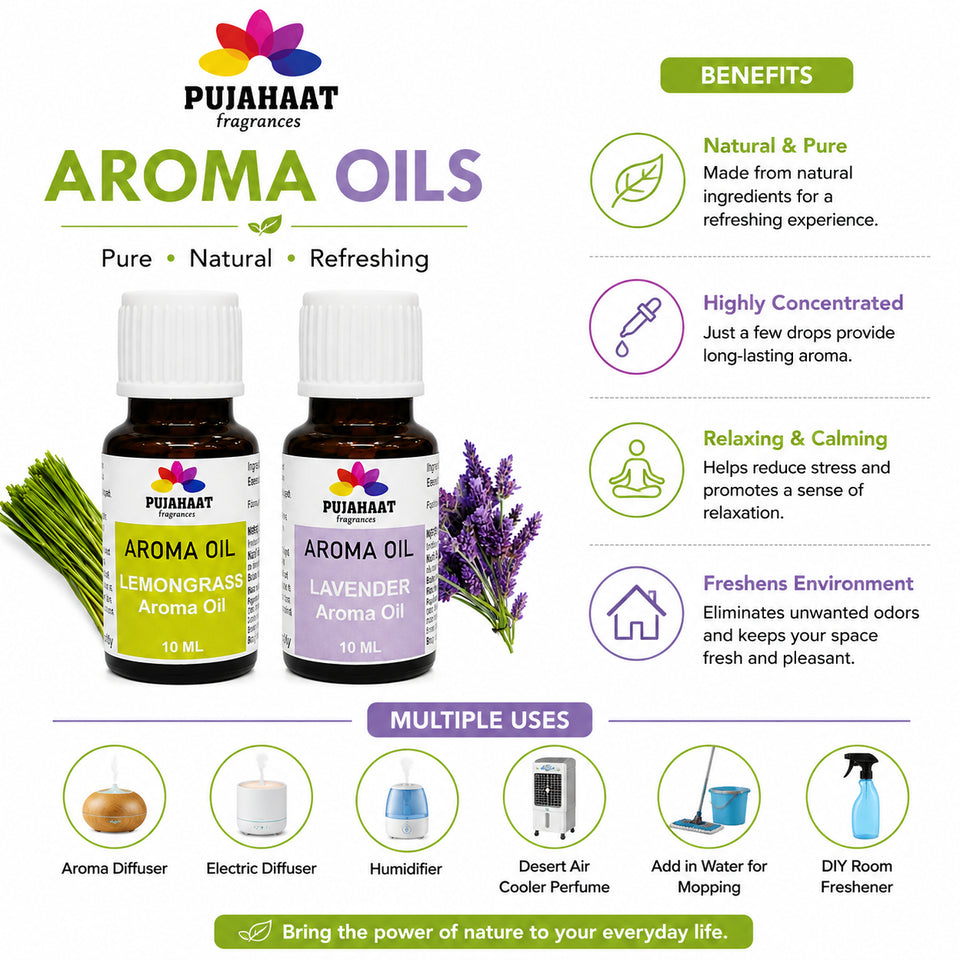 Pujahaat Lavender and Lemongrass Aroma Oil for Aromatherapy oils, Oil for diffusers, Humidifier oils, Oil Burners, Spa and Air Purifier 10ml Each - Set of 2 (2 x 10 ml) AO8