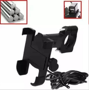 Universal Bike Mount Holder Metal Body 360 Degree Rotating Handlebar Metal Body Cradle Stand with USB Charger for Bicycle, Motorcycle, Fits All Smartphones.