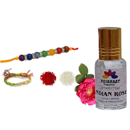 Pujahaat Raksha Bandhan Combo - Indian Rose Attar ( Alcohol-Free) 6ml & 7 Chakra Crystal Beads 8mm Rakhi